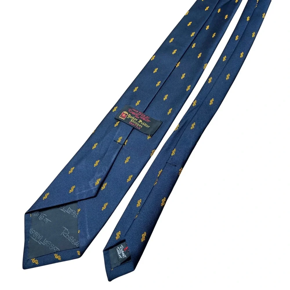 Vintage Robert Talbott Silk Dollar Sign Tie Mens Navy Gold USA Money